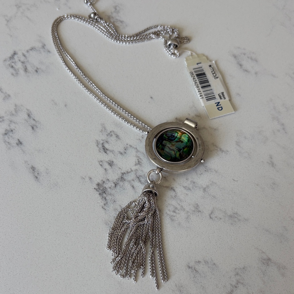 Lucky Brand Silver-Tone Necklace With Green Abalone Center And Tassel